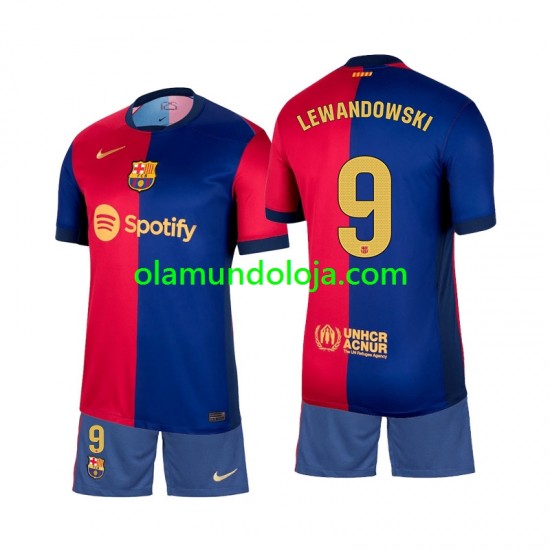 Camisola FC Barcelona Lewandowski 9 Criança Equipamento Primeiro 2024-2025 Manga Curta